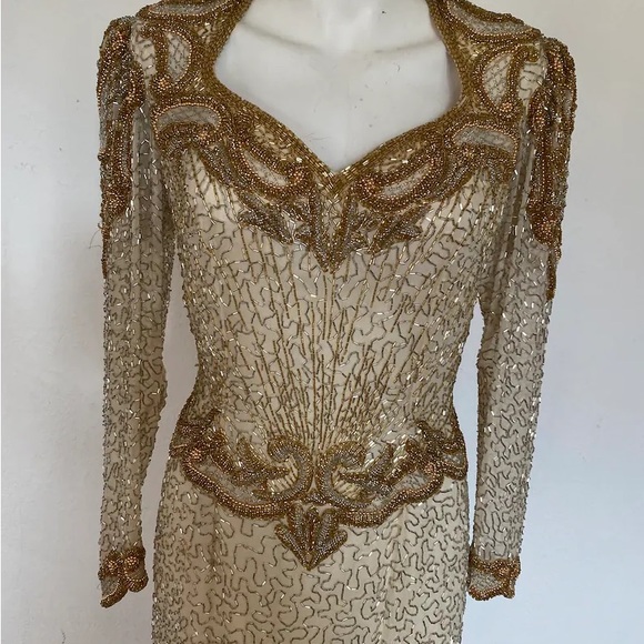 Vintage sequin dress, gold beaded dress OLEG CASSINI dress, white beaded dress - Picture 3 of 4